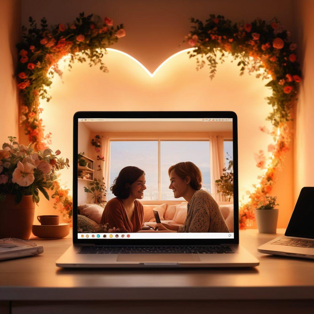 A cozy room illuminated by soft, warm light, featuring a laptop displaying a vibrant webcam chat scene. Two silhouettes on the screen, one smiling, and the other animatedly engaging, surrounded by delicate floral decorations, symbolizing intimacy and connection. A faint heart shape overlays the image, representing emotional bonds across digital platforms. super-realistic. warm colors. soft focus.