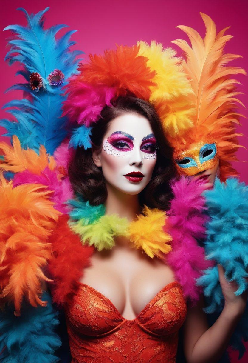 A vibrant collage depicting the transformation from playful mischief to genuine charm in live adult entertainment. Include elements like a gradient spectrum backdrop, silhouettes of diverse performers in engaging poses, playful props like feather boas and masks transitioning into elegant attire, and soft, inviting lighting. Emphasize contrast with swirling colors representing the shift from naughty to nice. surreal art style. vibrant colors. dynamic composition.