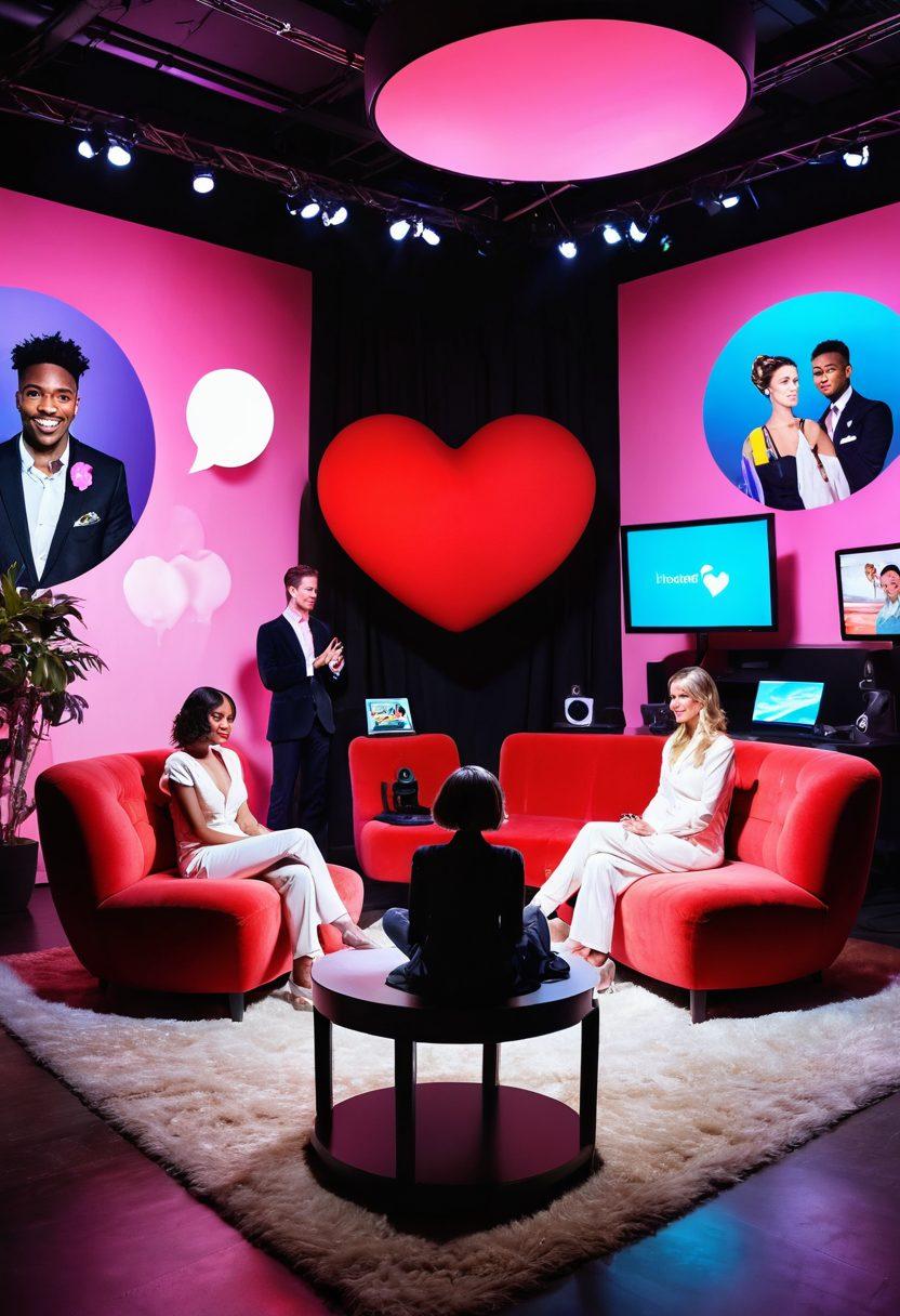 A captivating and inviting scene showcasing a stylish webcam studio, filled with soft ambient lighting and plush furniture. A diverse group of performers in elegant attire, engaging in playful interactions with their audience through digital screens. Elements of connection and intimacy, such as heart shapes and chat bubbles, subtly integrated into the background. The atmosphere should evoke curiosity and excitement. vibrant colors. modern digital art.